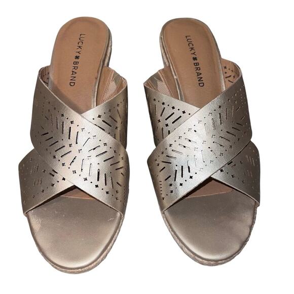 Lucky Brand Keela women’s 9.5 leather gold crisscross open Espadrille sandal ￼ - Picture 4 of 12